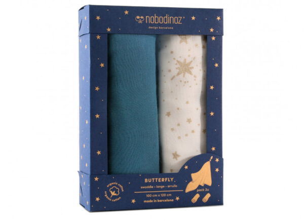 nobodinoz pack butterfly swaddle blue gold stella white